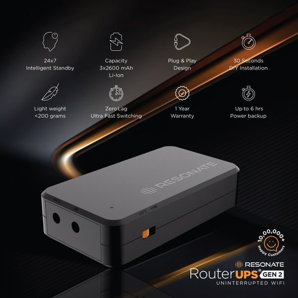 Resonate RouterUPS® Gen2 | Up to 6 Hrs Backup | 7800mAh Battery, 95% Extra Power | UPS for 12V WiFi Routers (≤2A), FTTH, Set-Top Boxes & IoT Devices