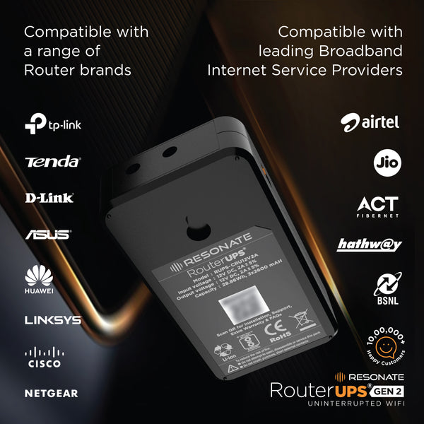 Resonate RouterUPS® Gen2 | Up to 6 Hrs Backup | 7800mAh Battery, 95% Extra Power | UPS for 12V WiFi Routers (≤2A), FTTH, Set-Top Boxes & IoT Devices