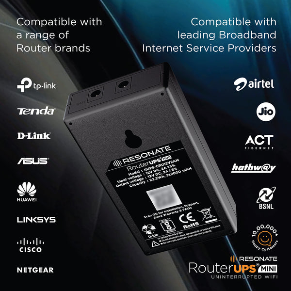 Resonate RouterUPS® Mini CRU12V2AM | Up to 3 Hrs Backup | 6000mAh Mini UPS for 12V WiFi Routers (≤2A) | BIS Certified, Compatible with Modems, FTTH, IoT & Set-Top Boxes