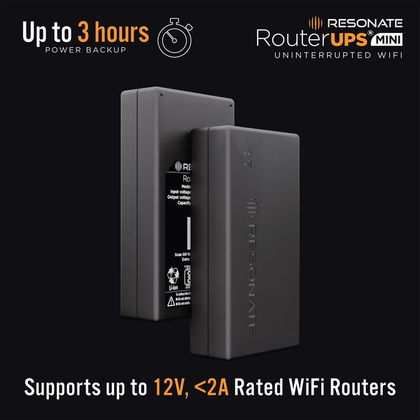 Resonate RouterUPS® Mini CRU12V2AM | Up to 3 Hrs Backup | 6000mAh Mini UPS for 12V WiFi Routers (≤2A) | BIS Certified, Compatible with Modems, FTTH, IoT & Set-Top Boxes