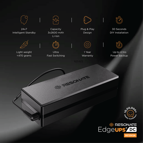 Resonate EdgeUPS® AC-DC 12V 2A | WiFi Router UPS with In-Built Adapter | Mini UPS for Routers, ONT, Modems & PoE Devices | Up to 4 Hours Backup | Intelligent Battery Management | Instant Power Switchover