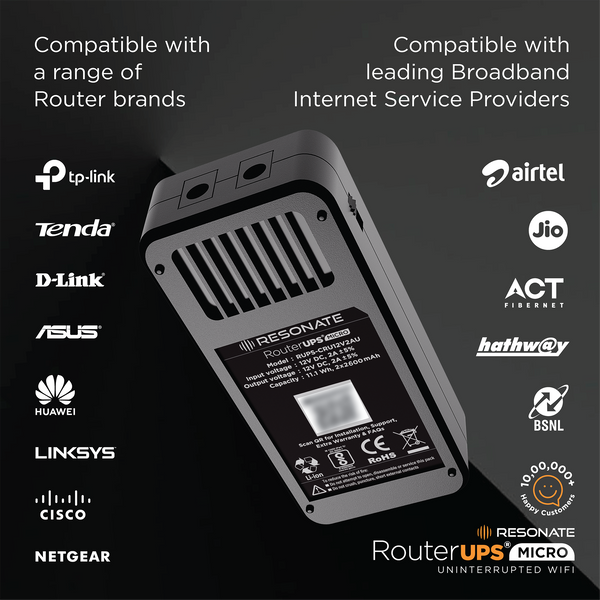 Resonate RouterUPS® Micro | Up to 3 Hrs Backup | Compact Mini UPS for 12V WiFi Routers & Modems (≤2A) | Intelligent Charging, CE/ROHS/BIS Certified