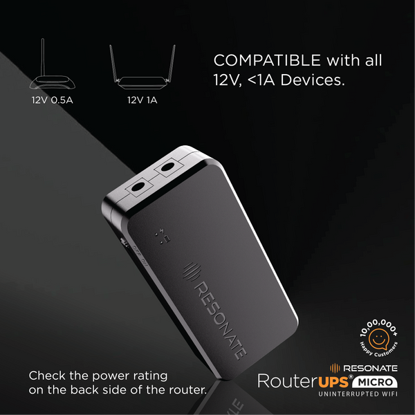 Resonate RouterUPS® Micro | Up to 4 Hrs Backup | Compact Mini UPS for 12V WiFi Routers & Modems (≤2A) | Intelligent Charging, CE/ROHS/BIS Certified