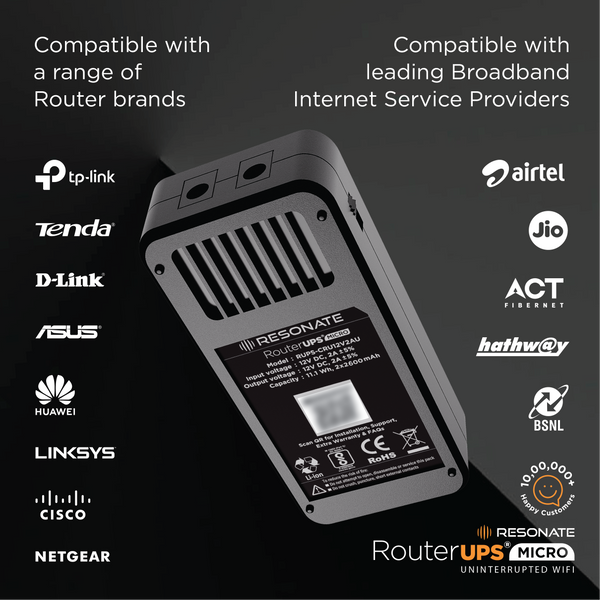 Resonate RouterUPS® Micro | Up to 4 Hrs Backup | Compact Mini UPS for 12V WiFi Routers & Modems (≤2A) | Intelligent Charging, CE/ROHS/BIS Certified