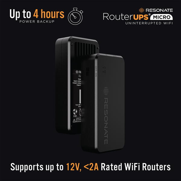 Resonate RouterUPS® Micro | Up to 4 Hrs Backup | Compact Mini UPS for 12V WiFi Routers & Modems (≤2A) | Intelligent Charging, CE/ROHS/BIS Certified