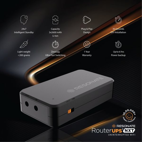 Resonate RouterUPS® NxT | Most Advanced Router UPS for 12V WiFi Router & Modem (Supports up to 3A) | 7800mAh Backup | Intelligent Charging | Up to 6 Hrs Internet