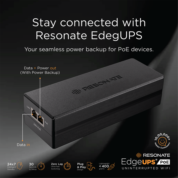 RESONATE EdgeUPS® PoE 24V | PoE Injector + UPS with Built-in Adapter | Power Backup for IP Cameras, Wi-Fi Routers, Access Points & VoIP Phones | Up to 2 Hours Backup | Compact All-in-One Solution