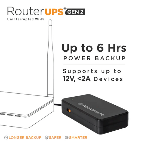 Resonate RouterUPS® Gen2 | 6 Hours Backup, 95% Extra Power, 7800mAh Battery | UPS for 12V WiFi Routers, FTTH, Set-Top Boxes, IoT Devices & More