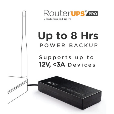Resonate RouterUPS® Pro | 8 Hours Backup, 10400mAh Mini UPS, 100% Extra Power | Power Backup for 12V WiFi Routers (Up to 3A), Gaming, ONT/FTTX, STB, Intercom, IoT Devices | Multi-LED Indicator – Jio Fiber, Airtel Xstream Compatible