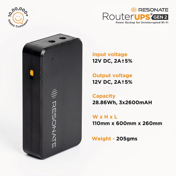 Resonate RouterUPS® Gen2 | 6 Hours Backup, 95% Extra Power, 7800mAh Battery | UPS for 12V WiFi Routers, FTTH, Set-Top Boxes, IoT Devices & More