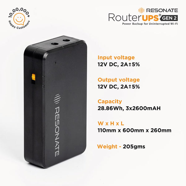 RESONATE RouterUPS Gen2, 30% Extra Power Backup, WFH Friendly, Upto 4 Hours, 3x2600mAh Battery, Zero Drop, UPS for WiFi Router, Compatible with all 12V < 2A Devices, Routers, FTTH, Set Top Box, IoT, Mini Camera.
