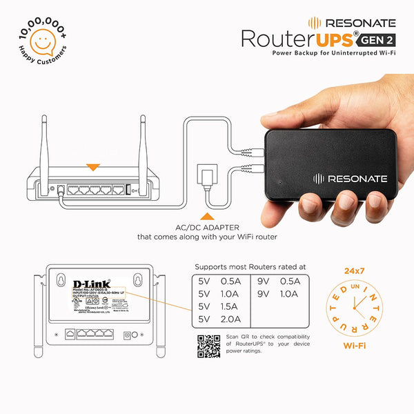 RESONATE RouterUPS Gen2, 30% Extra Power Backup, WFH Friendly, Upto 4 Hours, 3x2600mAh Battery, Zero Drop, UPS for WiFi Router, Compatible with all 12V < 2A Devices, Routers, FTTH, Set Top Box, IoT, Mini Camera.